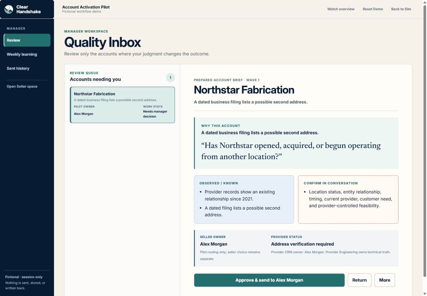Manager Quality Inbox with a focused account, why-now evidence, seller owner, provider status, and approve or return actions.