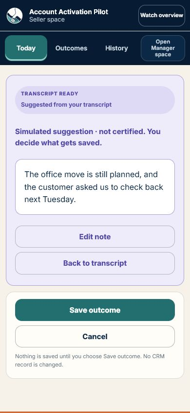 Seller outcome confirmation with a simulated voice transcript ready to edit, save, or cancel.
